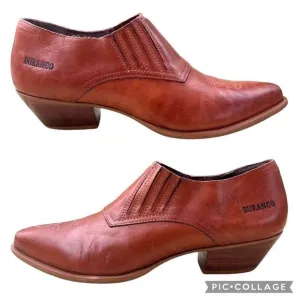 Durango Western Stitches Brown Leather Low Ankle Pointed Bootie Wooden Heel Sz 9