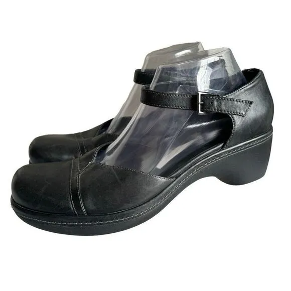 Ecco Mary Jane Black Buckle Strap Leather Clogs Shoes Size EU 41 US 10