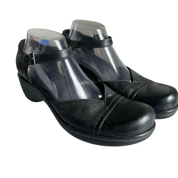 Ecco Mary Jane Black Buckle Strap Leather Clogs Shoes Size EU 41 US 10