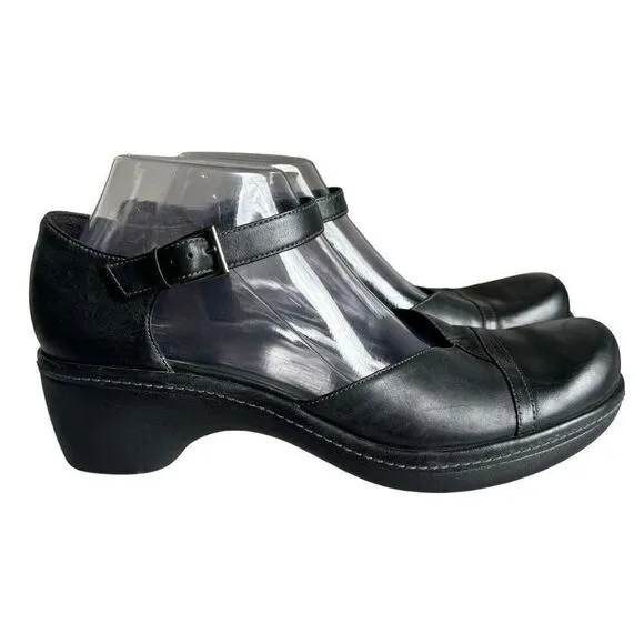 Ecco Mary Jane Black Buckle Strap Leather Clogs Shoes Size EU 41 US 10