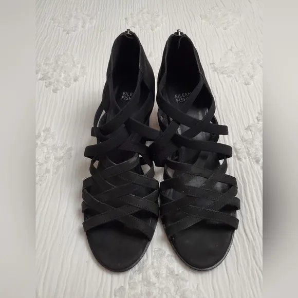 Eileen Fischer Fara Black Tumbled Nubuck Leather Strappy Block Heels Size 9.5