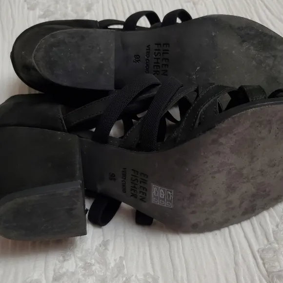 Eileen Fischer Fara Black Tumbled Nubuck Leather Strappy Block Heels Size 9.5
