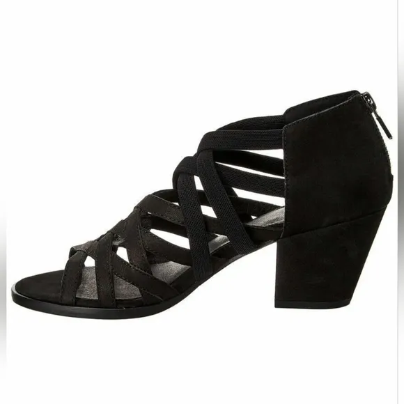 Eileen Fischer Fara Black Tumbled Nubuck Leather Strappy Block Heels Size 9.5