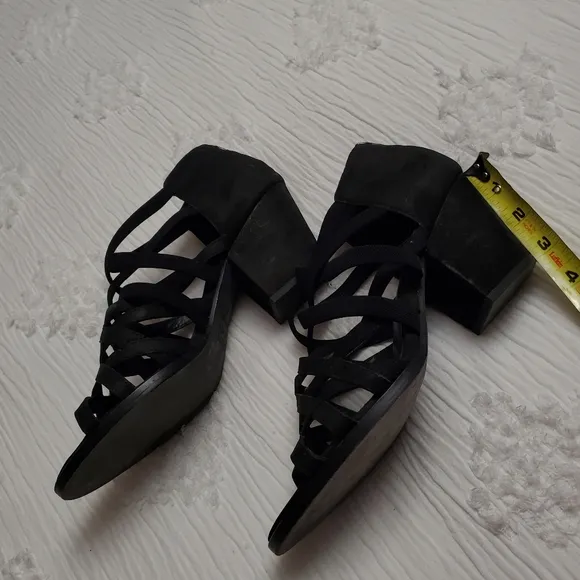 Eileen Fischer Fara Black Tumbled Nubuck Leather Strappy Block Heels Size 9.5