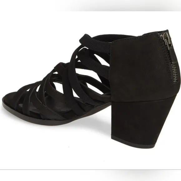 Eileen Fischer Fara Black Tumbled Nubuck Leather Strappy Block Heels Size 9.5