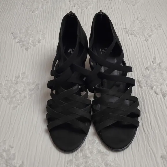 Eileen Fischer Fara Black Tumbled Nubuck Leather Strappy Block Heels Size 9.5
