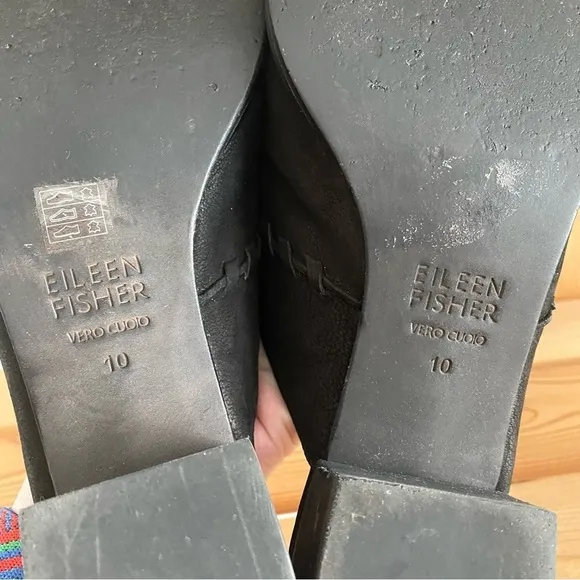 Eileen Fisher Black Leather Kale-nu Slide Sandal Open Toe Block Heel Mules