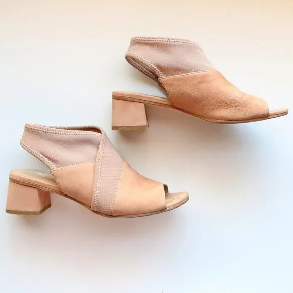 Eileen Fisher Tan Nubuck Leather Blok Heel Open Toe Pull-on Sandals Summer Shoes