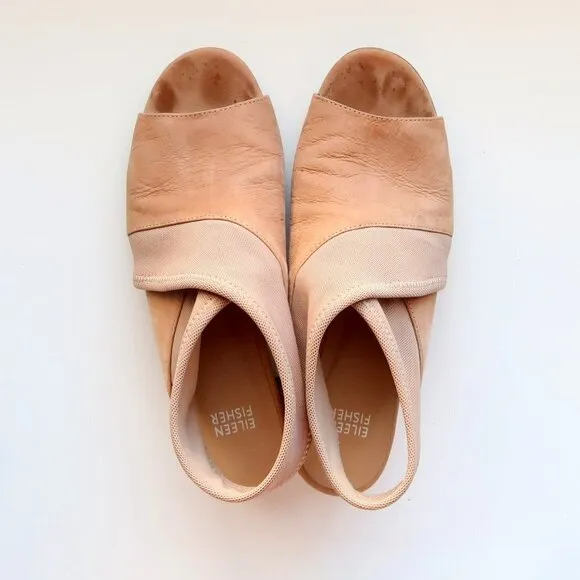 Eileen Fisher Tan Nubuck Leather Blok Heel Open Toe Pull-on Sandals Summer Shoes