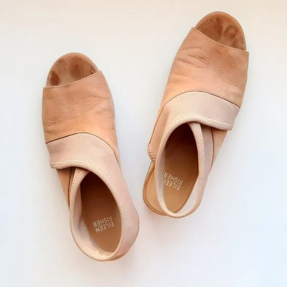 Eileen Fisher Tan Nubuck Leather Blok Heel Open Toe Pull-on Sandals Summer Shoes