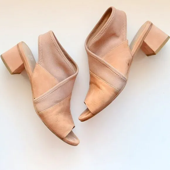Eileen Fisher Tan Nubuck Leather Blok Heel Open Toe Pull-on Sandals Summer Shoes