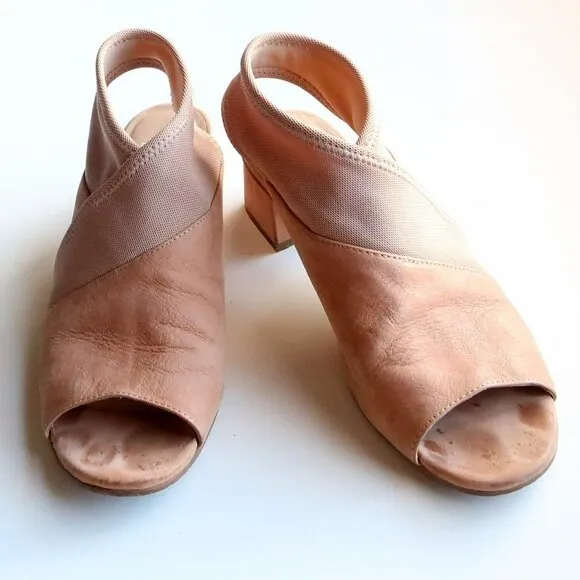 Eileen Fisher Tan Nubuck Leather Blok Heel Open Toe Pull-on Sandals Summer Shoes