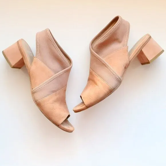 Eileen Fisher Tan Nubuck Leather Blok Heel Open Toe Pull-on Sandals Summer Shoes