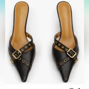 Elegant Black Women's Mules with Bronze BucklePointed Toe Slippers High Heel