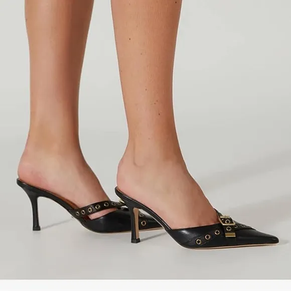 Elegant Black Women's Mules with Bronze BucklePointed Toe Slippers High Heel