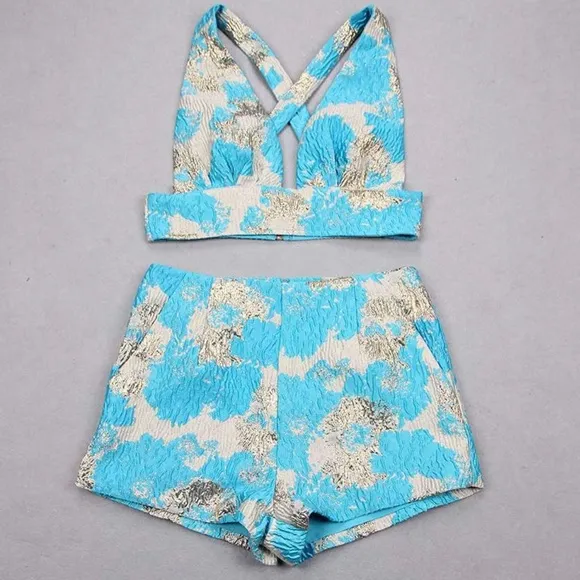 Ella Blue Two Piece Jacquard Set