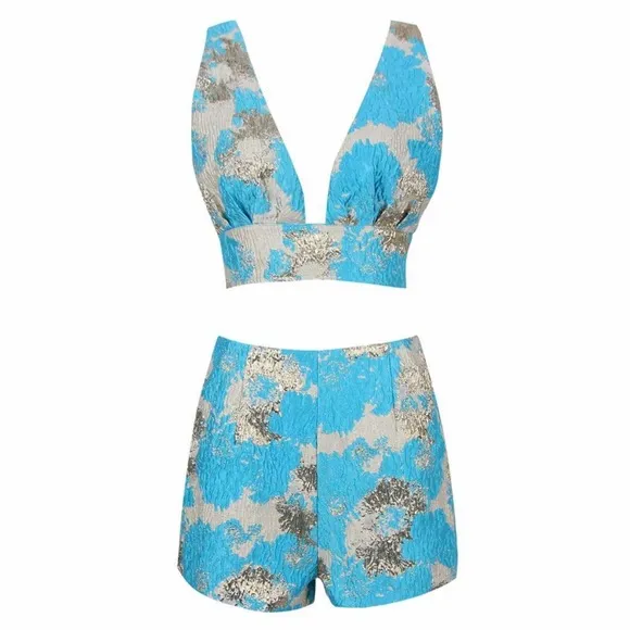 Ella Blue Two Piece Jacquard Set