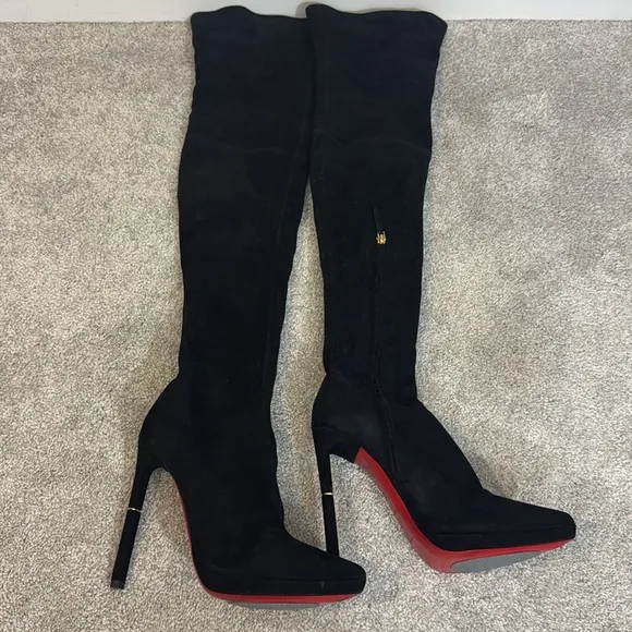 Emilio Pucci black suede thigh high sock boots with red bottoms size 38