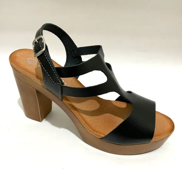 Eric Michael Alicia Black Leather Platform Clog Sandals Block Heel Boho Shoes 39