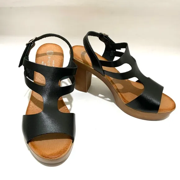 Eric Michael Alicia Black Leather Platform Clog Sandals Block Heel Boho Shoes 39