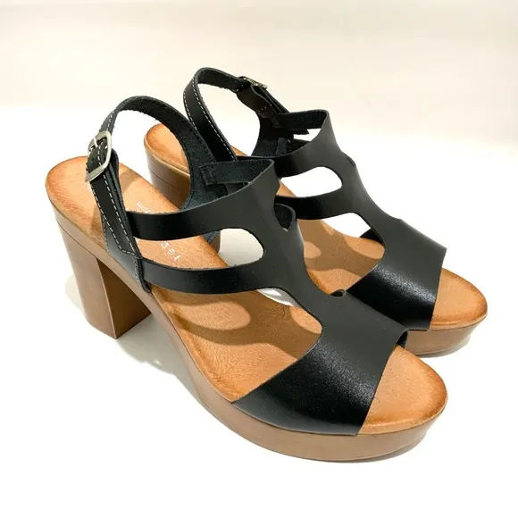 Eric Michael Alicia Black Leather Platform Clog Sandals Block Heel Boho Shoes 39