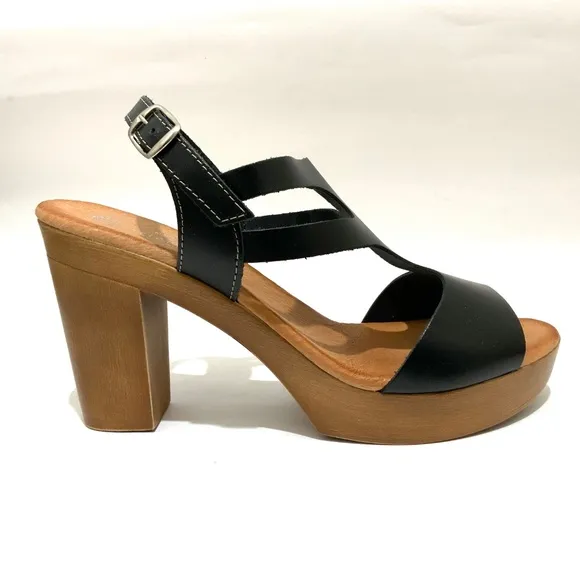 Eric Michael Alicia Black Leather Platform Clog Sandals Block Heel Boho Shoes 39