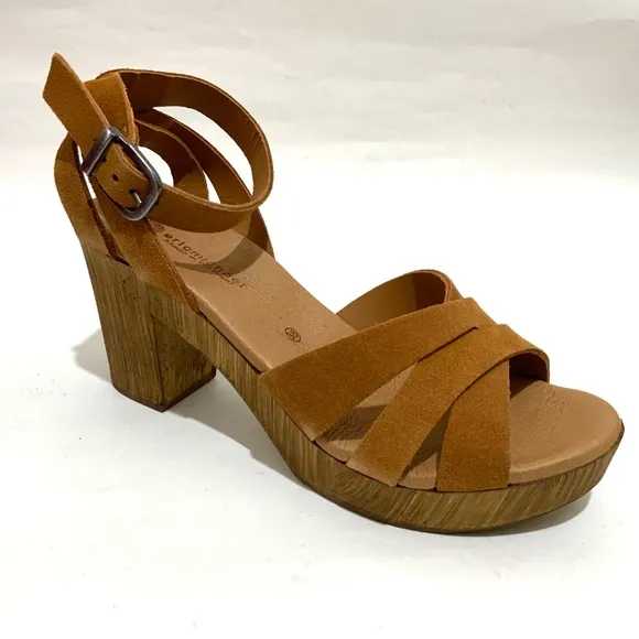 Eric Michael Luna Tan Suede Leather Clog Sandals Block heel brown boho shoes 38