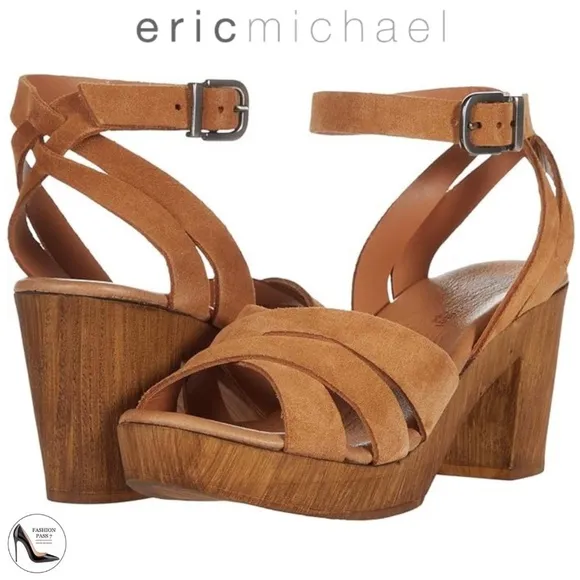 Eric Michael Luna Tan Suede Leather Clog Sandals Block heel brown boho shoes 38