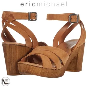 Eric Michael Luna Tan Suede Leather Clog Sandals Block heel brown boho shoes 38
