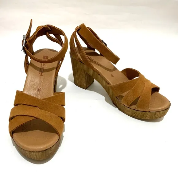 Eric Michael Luna Tan Suede Leather Clog Sandals Block heel brown boho shoes 38