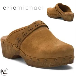 Eric Michael Rochelle Clog Sandals Block Heel Brown Tan Leather Suede Mules 39