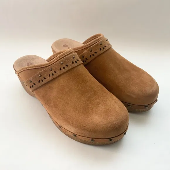 Eric Michael Rochelle Clog Sandals Block Heel Brown Tan Leather Suede Mules 39
