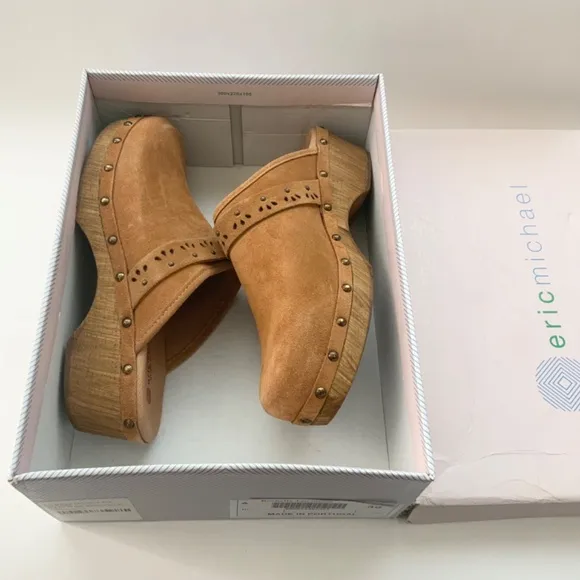 Eric Michael Rochelle Clog Sandals Block Heel Brown Tan Leather Suede Mules 39