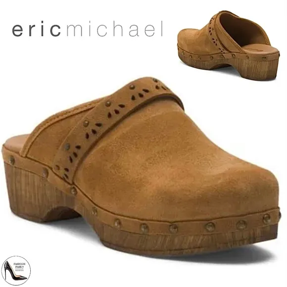 Eric Michael Rochelle Clog Sandals Block Heel Brown Tan Leather Suede Mules 39