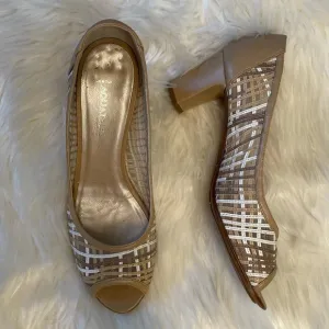 EUC Aquatalia Mesh Leather Peep Toe Heels | Size 9.5 | Neutral Block Pumps