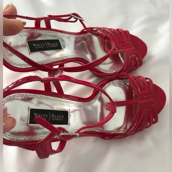 EUC WHBM Genoa Hot pink strappy platform snakeskin stiletto heels. Size 6.5