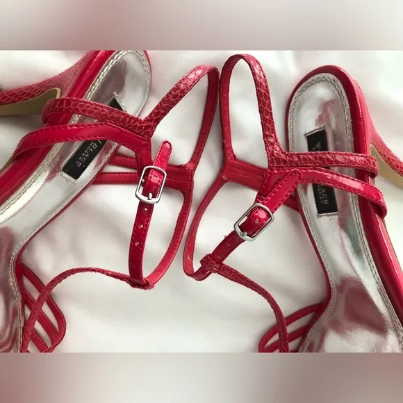 EUC WHBM Genoa Hot pink strappy platform snakeskin stiletto heels. Size 6.5