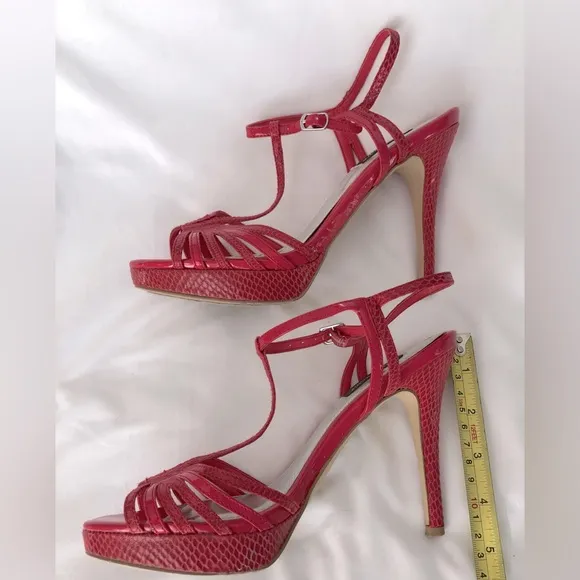 EUC WHBM Genoa Hot pink strappy platform snakeskin stiletto heels. Size 6.5
