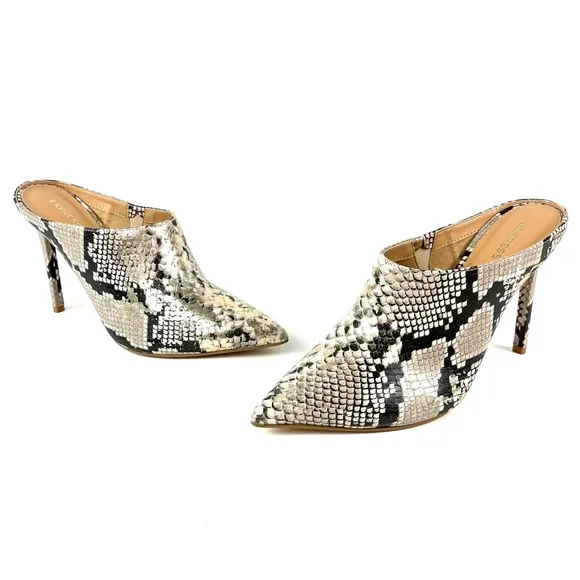 Express Snakeskin Print Pointed Toe High Heel Mules