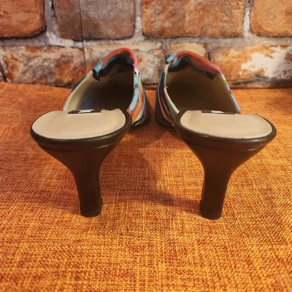 Fantastic Rare Van Eli Multicolored Lip Pattern Mules Kitten Heels Slip On US 10