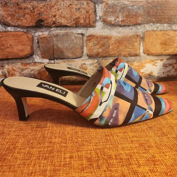Fantastic Rare Van Eli Multicolored Lip Pattern Mules Kitten Heels Slip On US 10