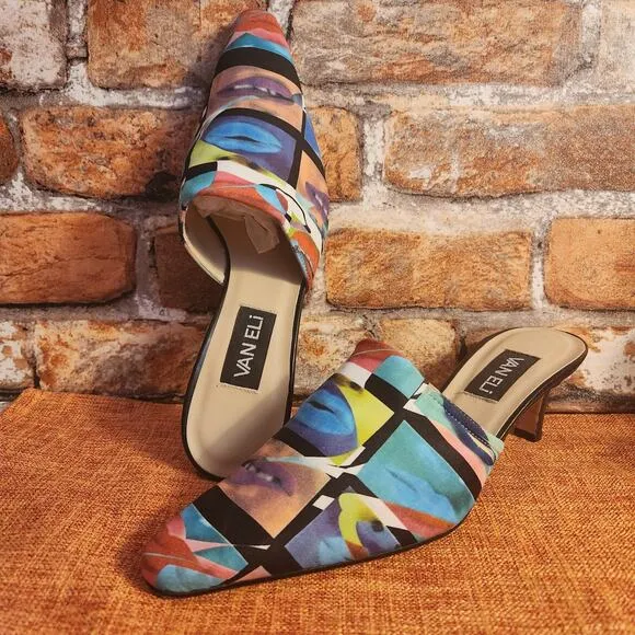 Fantastic Rare Van Eli Multicolored Lip Pattern Mules Kitten Heels Slip On US 10