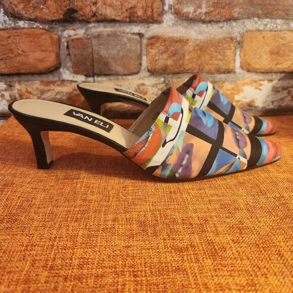 Fantastic Rare Van Eli Multicolored Lip Pattern Mules Kitten Heels Slip On US 10