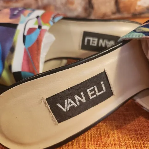Fantastic Rare Van Eli Multicolored Lip Pattern Mules Kitten Heels Slip On US 10