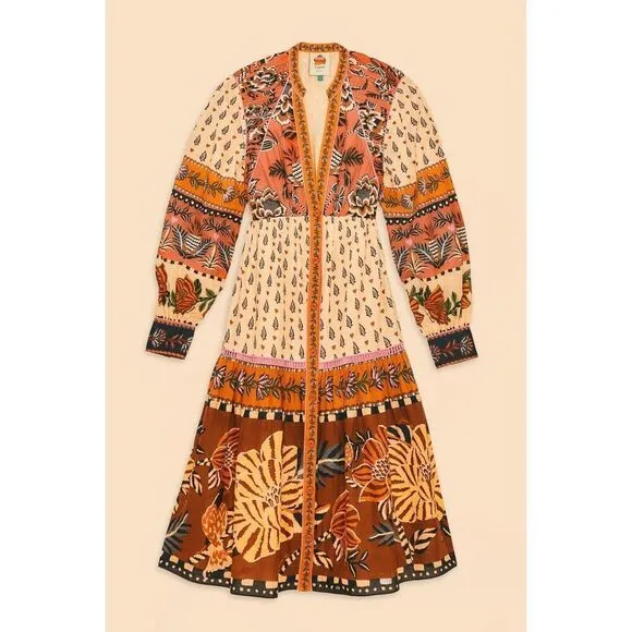 Farm Rio Beige Ainika Floral V Neck Midi Dress Medium NEW