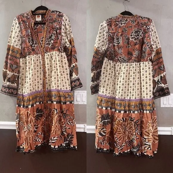 Farm Rio Beige Ainika Floral V Neck Midi Dress Medium NEW