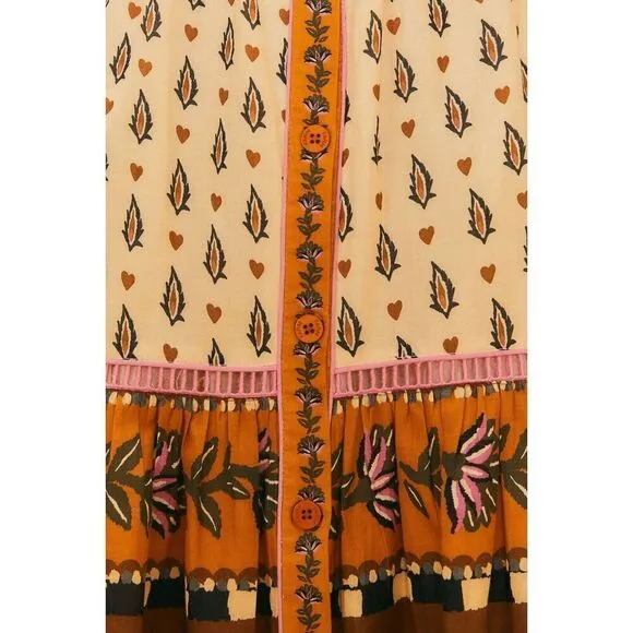 Farm Rio Beige Ainika Floral V Neck Midi Dress Medium NEW