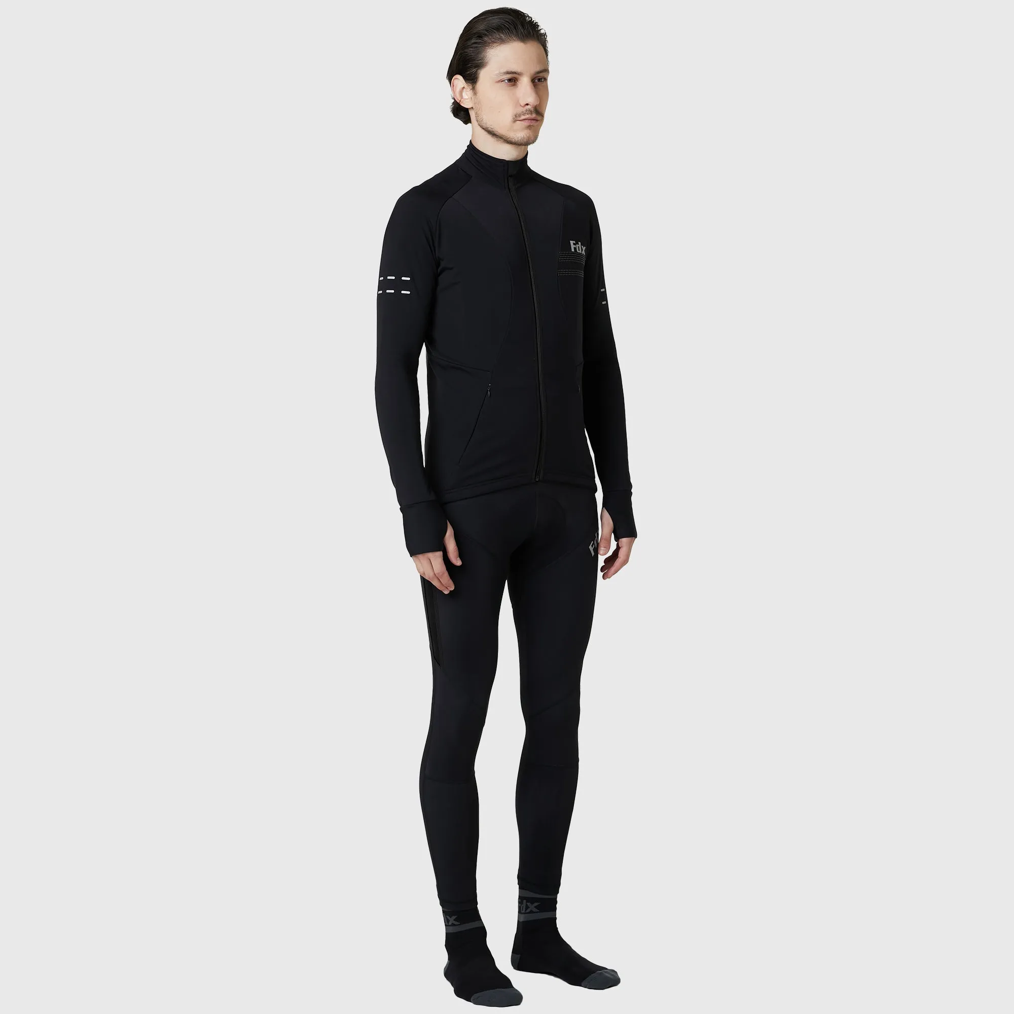 Fdx Men's & Boy's Set Arch Thermal Roubaix Long Sleeve Cycling Jersey & Cargo Bib Tights - Black