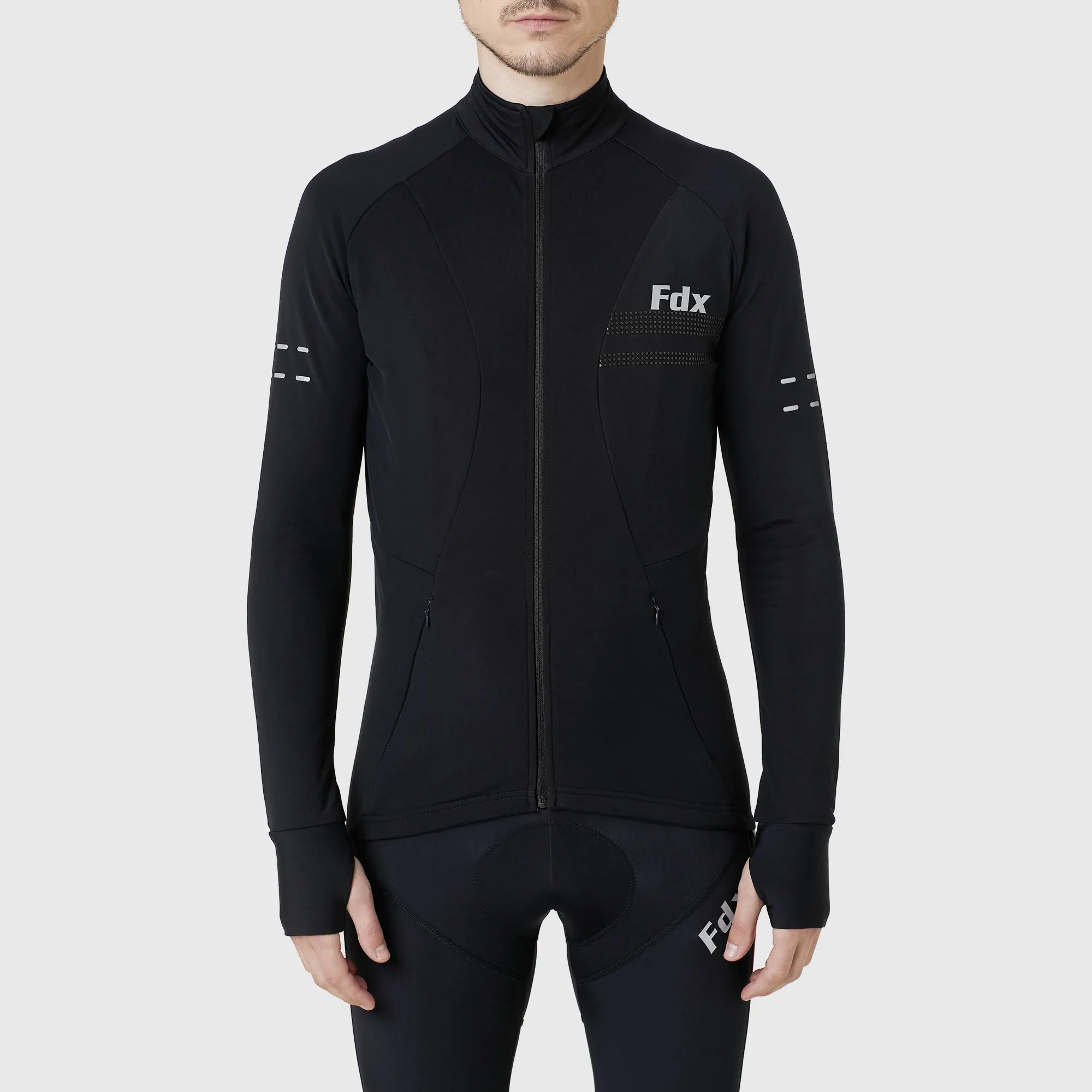 Fdx Men's & Boy's Set Arch Thermal Roubaix Long Sleeve Cycling Jersey & Cargo Bib Tights - Black