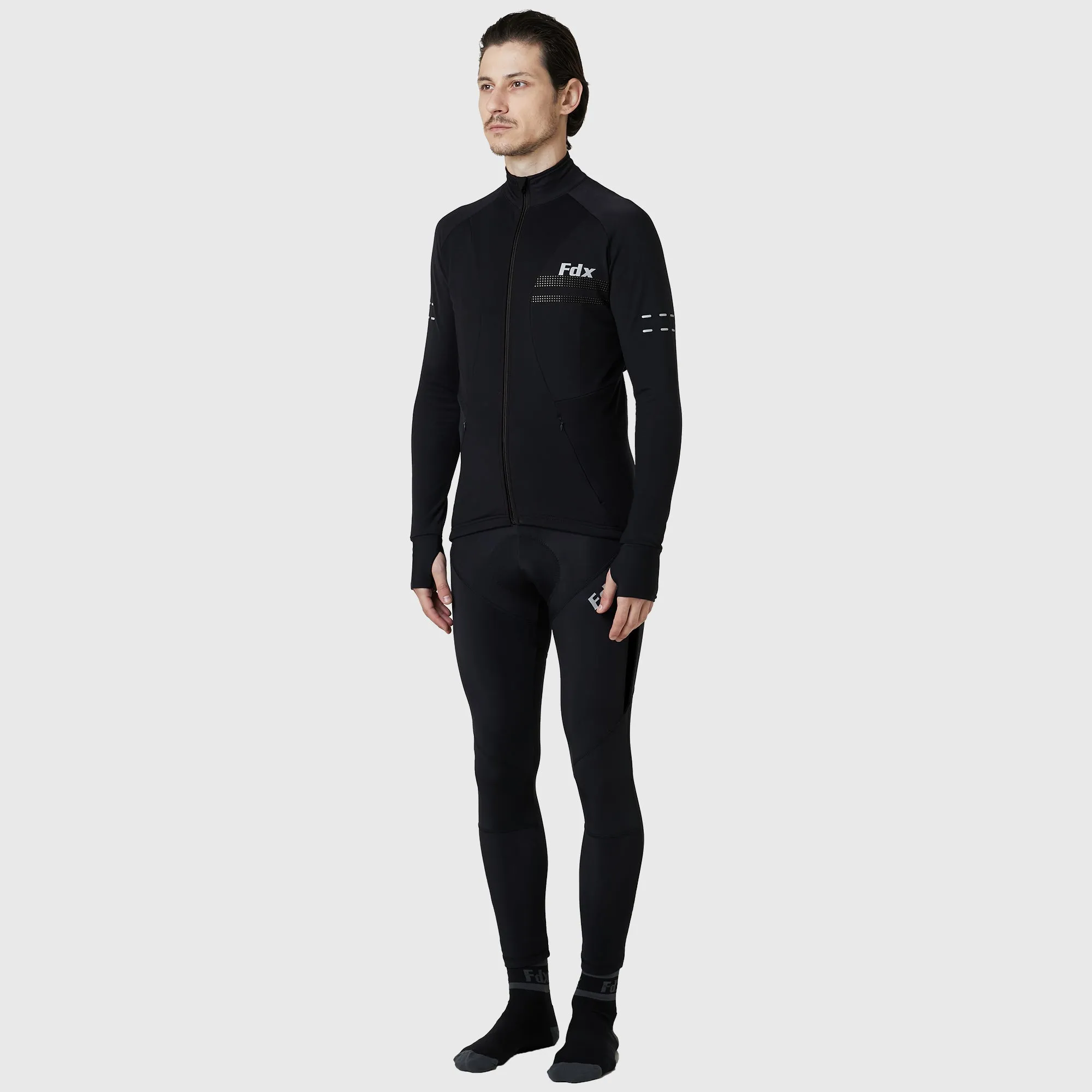 Fdx Men's & Boy's Set Arch Thermal Roubaix Long Sleeve Cycling Jersey & Cargo Bib Tights - Black